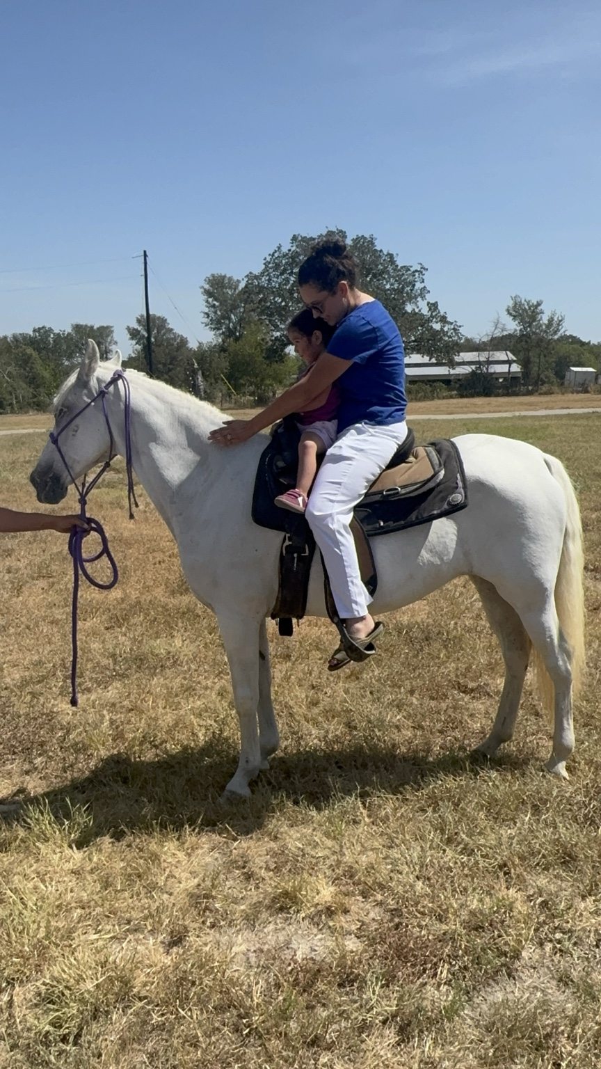 An adult and child riding a white horse together